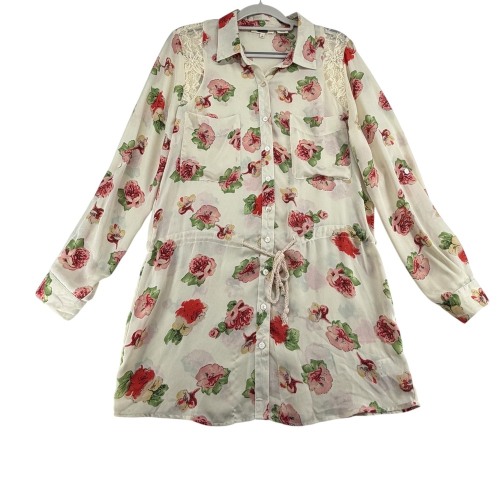 Miss Me Floral Lace Accent Button Down Tunic Dress Cinched Waist Women Large